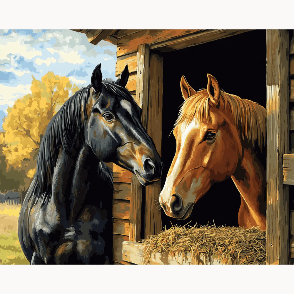 Loyal Companion Paint By Numbers Kit showing two horses bonding by a wooden stable, perfect for animal lovers and horse enthusiasts in Canada.
