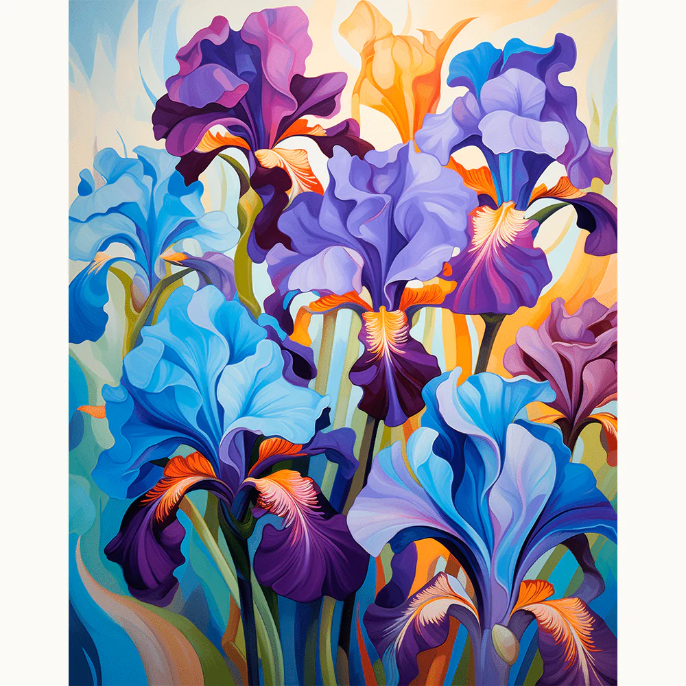 Majestic Irises Paint By Numbers painting featuring rich shades of purple, blue, and orange irises blooming in a lively garden scene, perfect for Canadian art lovers.