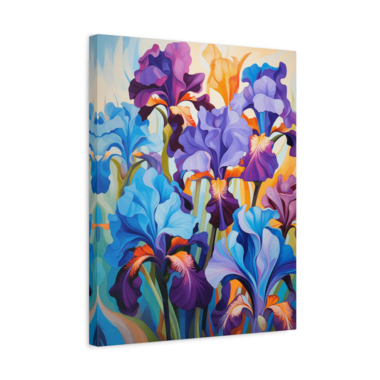 Majestic Irises Paint By Numbers painting featuring rich shades of purple, blue, and orange irises blooming in a lively garden scene, perfect for Canadian art lovers shown in a frame