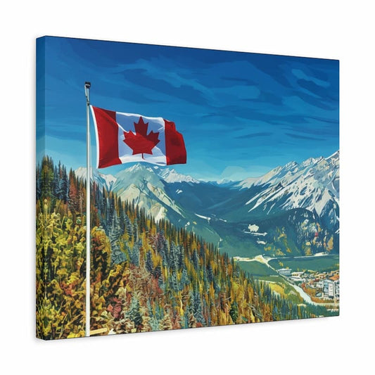 Canadian flag waving in front of a mountainous landscape with trees and a valley.