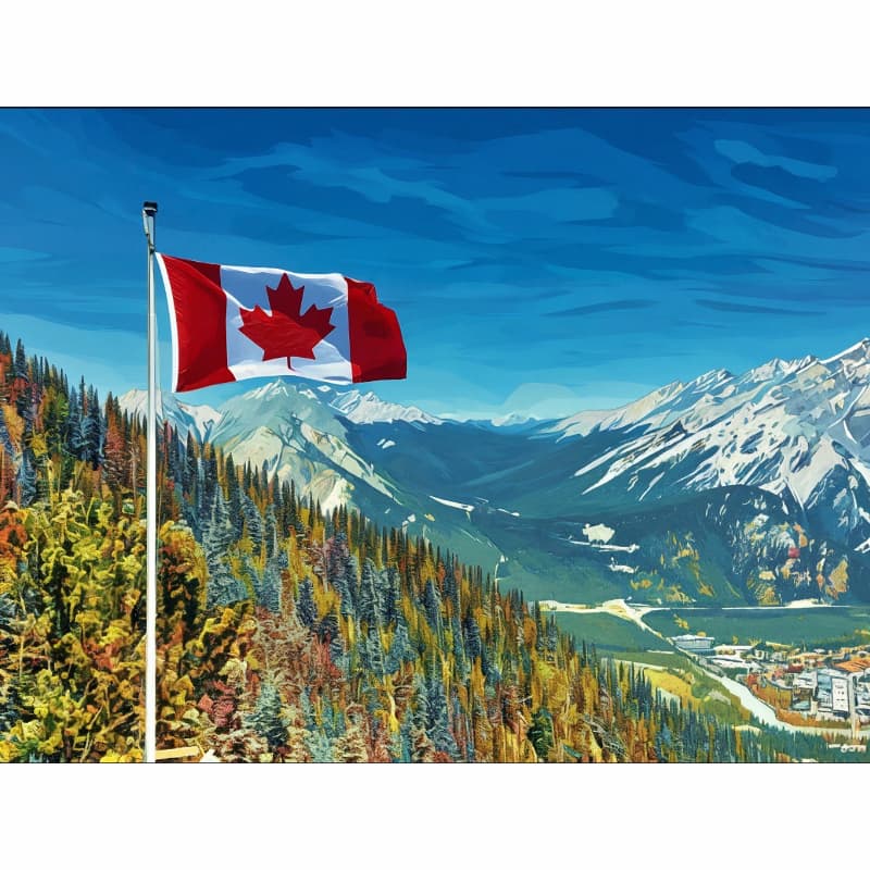 Canadian flag waving in front of a mountainous landscape with trees and a lake.