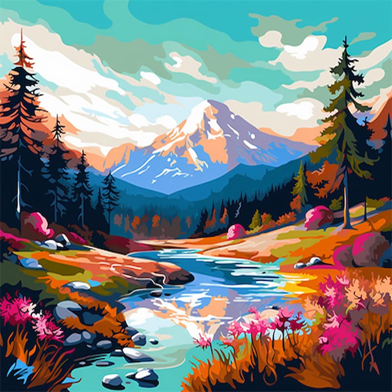 Paint by numbers mountain landscape with a snow-capped peak, river, forest, and colorful meadows