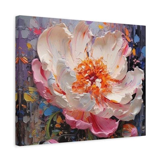 Majestic Peony 3D Flowers Paint By Numbers painting featuring a large sculpted ivory and pink peony with an orange center, surrounded by colorful abstract background strokes shown in a frame