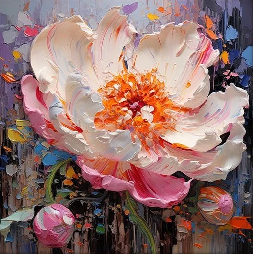 Majestic Peony 3D Flowers Paint By Numbers painting featuring a large sculpted ivory and pink peony with an orange center, surrounded by colorful abstract background strokes.
