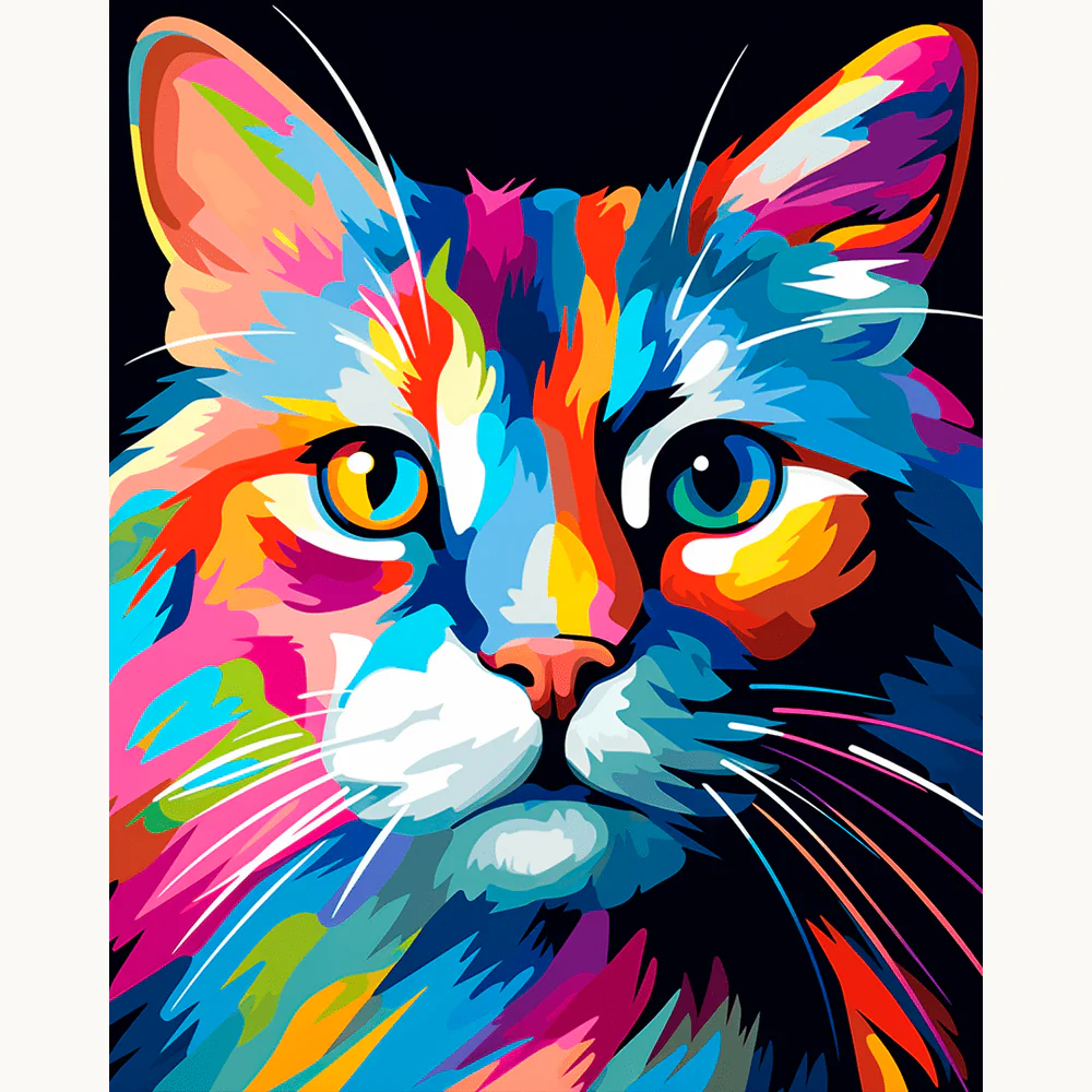 
Majestic Whiskers Paint By Numbers showing a close-up of a colorful, long-haired cat with vibrant fur and expressive eyes.