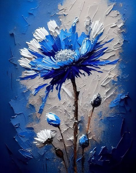 Midnight Bloom Paint By Numbers kit showcasing a majestic blue and white textured flower with a dramatic gradient blue-to-grey background, perfect for Canadian artists.