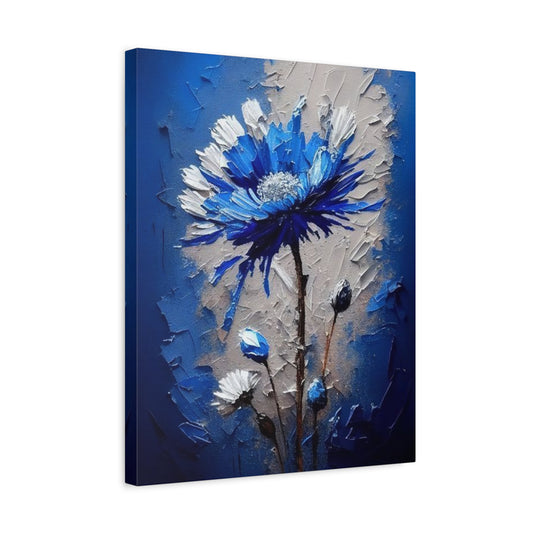 Midnight Bloom Paint By Numbers kit showcasing a majestic blue and white textured flower with a dramatic gradient blue-to-grey background, perfect for Canadian artists shown in a frame