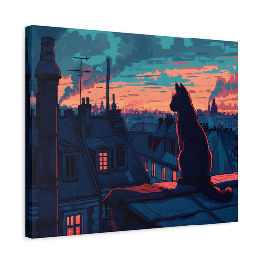 Midnight Cat Paint By Numbers Kit featuring a cat sitting on a rooftop during a vivid sunset over a quiet cityscape shown in a frame