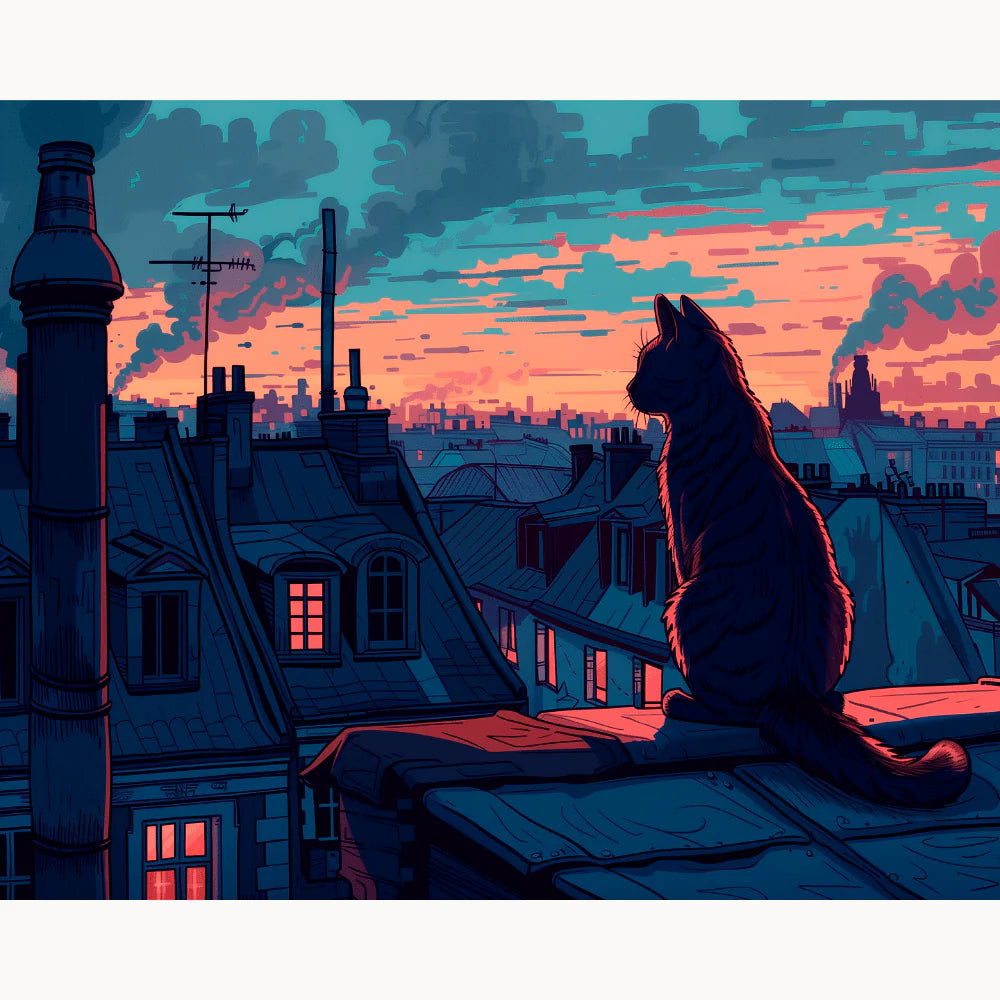 Midnight Cat Paint By Numbers Kit featuring a cat sitting on a rooftop during a vivid sunset over a quiet cityscape