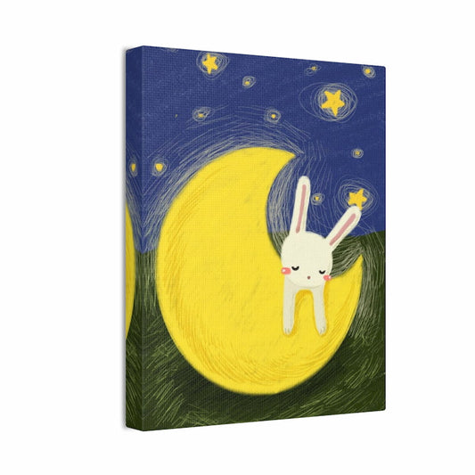 Canvas print with a cartoon bunny on a yellow moon against a starry night sky.
