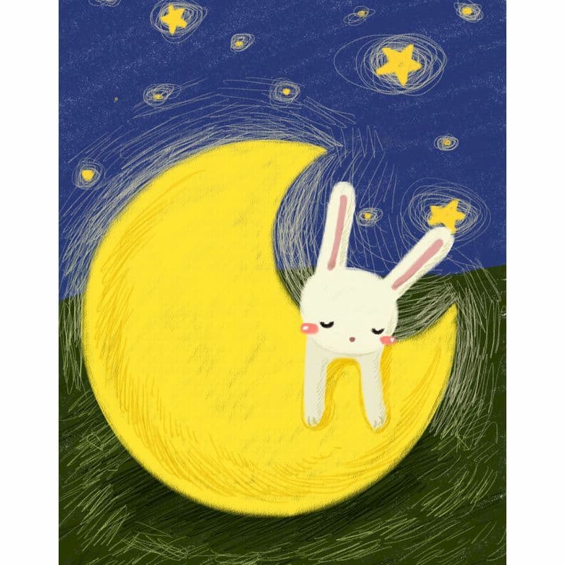 Illustration of a bunny sitting on a yellow moon with stars in the background