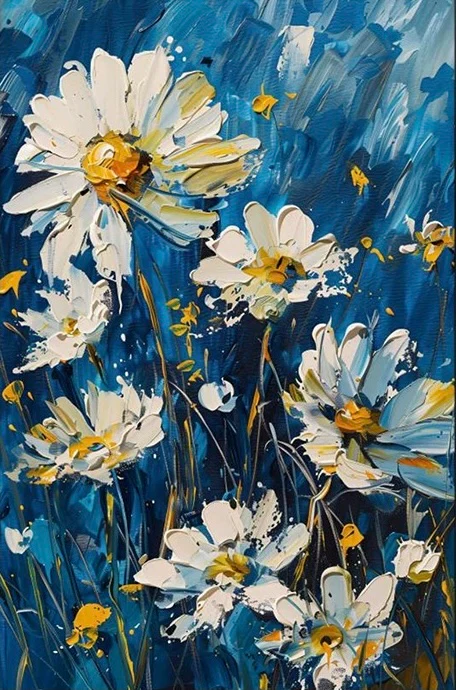 Moonlight Daisies Paint By Numbers kit featuring white daisies with golden centers set against a vibrant deep blue textured background, perfect for Canadian artists.