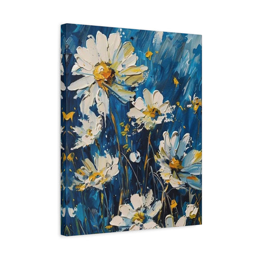 Moonlight Daisies Paint By Numbers kit featuring white daisies with golden centers set against a vibrant deep blue textured background, perfect for Canadian artists shown in a frame