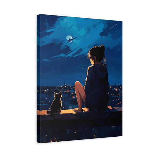 Moonlit Companion Paint By Numbers Kit showing a girl and cat sitting on a rooftop under the moonlight, overlooking a glowing cityscape shown in a frame