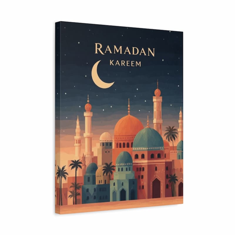 Canvas print with 'Ramadan Kareem' text and mosque illustration on a dark blue background shown in a frame