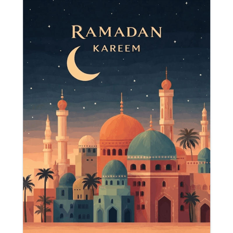 Illustration of a mosque with 'Ramadan Kareem' text and crescent moon on a dark blue night sky.
