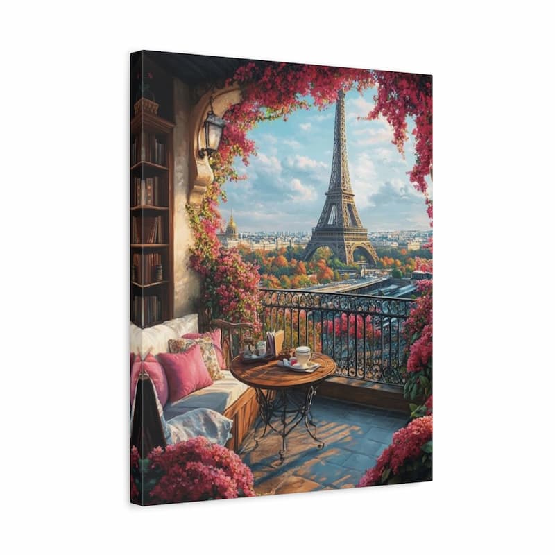 Canvas print of a Parisian scene with a balcony view of the Eiffel Tower.