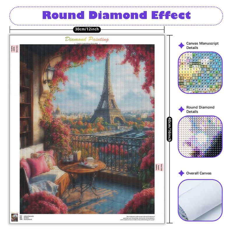 Diamond painting kit with Eiffel Tower view and round diamond effect details.
