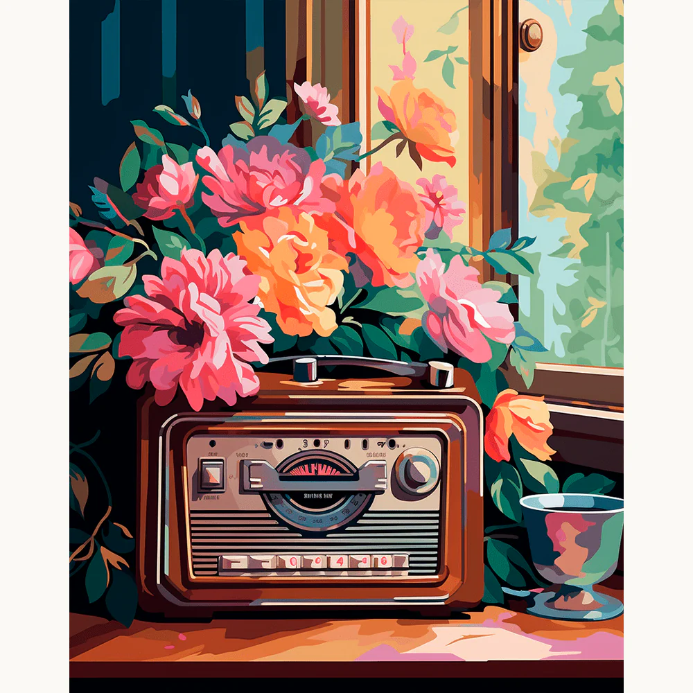 Morning Rewind Paint By Numbers showing a retro radio, vibrant pink and orange flowers, and a sunlit window in the background