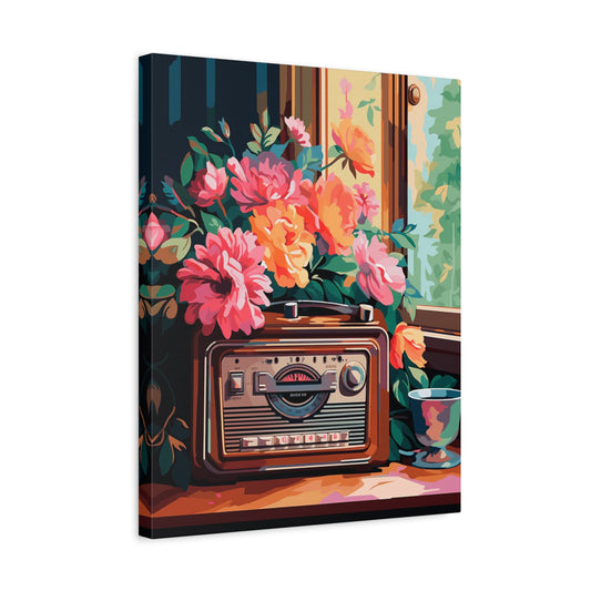 Morning Rewind Paint By Numbers showing a retro radio, vibrant pink and orange flowers, and a sunlit window in the background shown in a frame