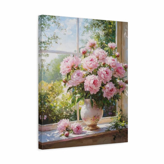Canvas print of pink flowers in a vase on a windowsill with a garden view.