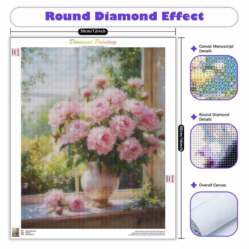 Diamond painting kit with a vase of pink flowers and round diamond effect details.
