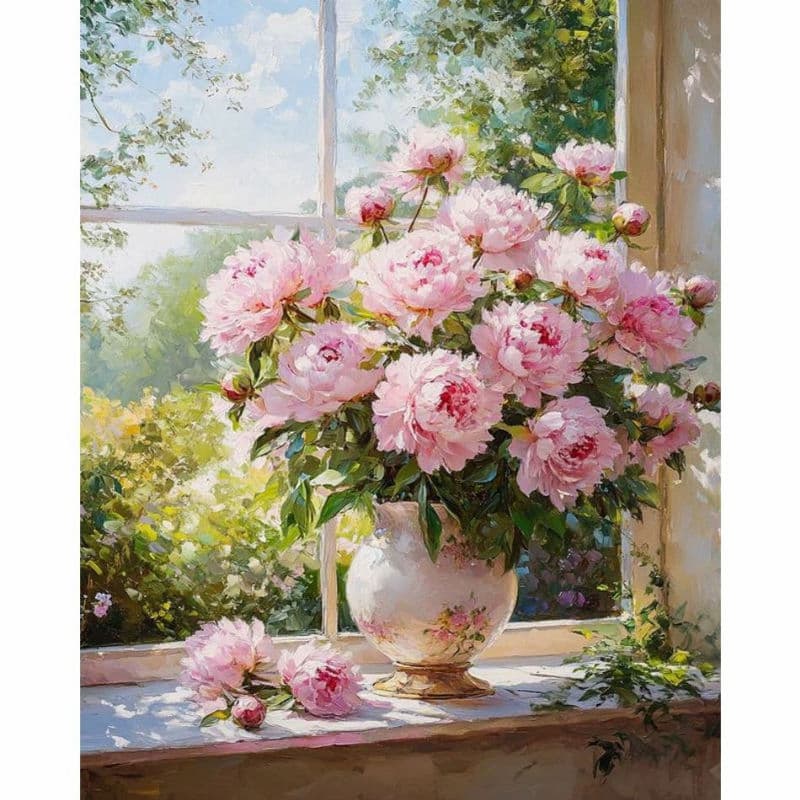 Pink peonies in a vase on a windowsill with a view of greenery outside.