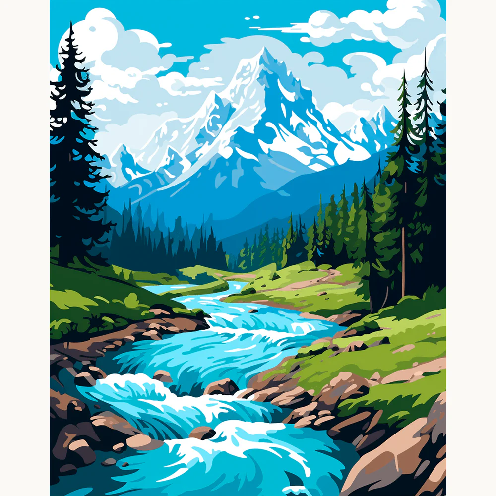 Mountain Drift Paint By Numbers showing a peaceful river scene with a clear stream running through a green forested valley under distant snow-capped peaks