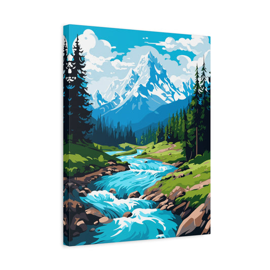 Mountain Drift Paint By Numbers showing a peaceful river scene with a clear stream running through a green forested valley under distant snow-capped peaks shown in a frame