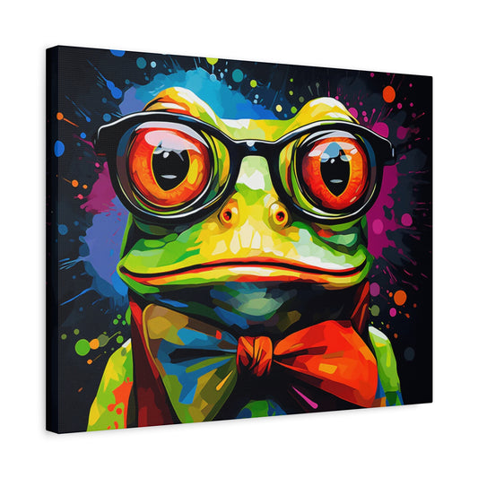 Colorful paint by numbers image of a quirky frog wearing large glasses, with bold vibrant colors and a playful expression shown in a frame