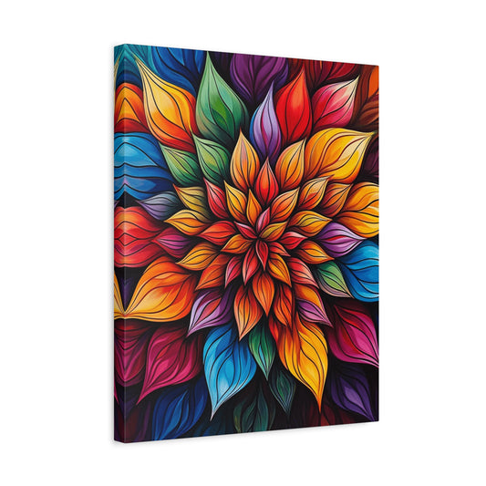 Mystic Flora Paint By Numbers kit featuring a vibrant, abstract burst of colorful leaves in rich red, orange, blue, and purple hues shown in a frame