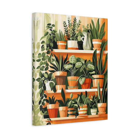 Shelf full of potted indoor plants in warm tones – Natures Nook Paint By Numbers Kit Canada shown in frame