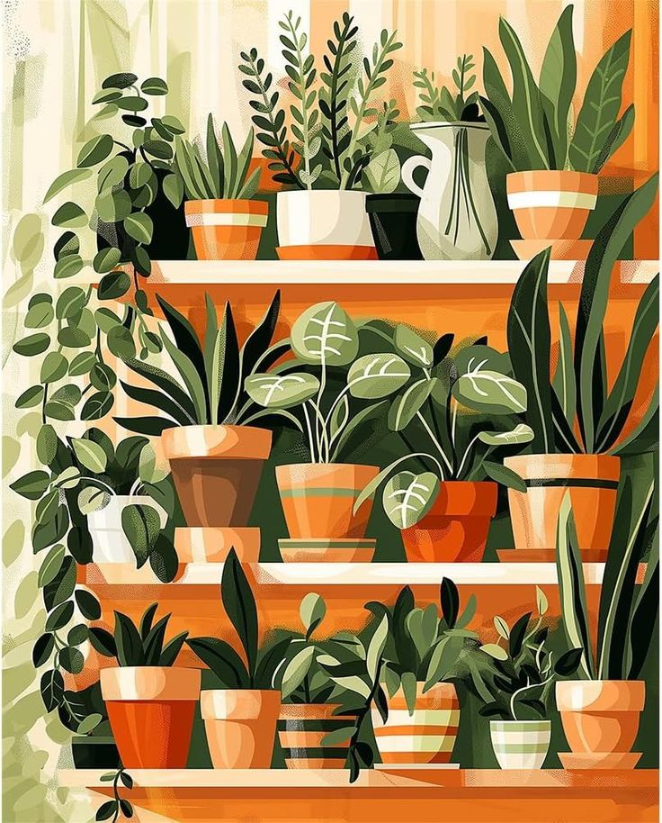 Shelf full of potted indoor plants in warm tones – Natures Nook Paint By Numbers Kit Canada