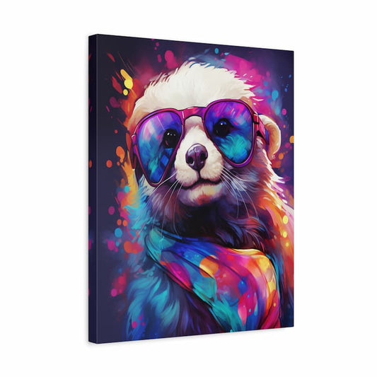 Canvas print of a panda bear wearing colorful sunglasses with a multicolored abstract background.