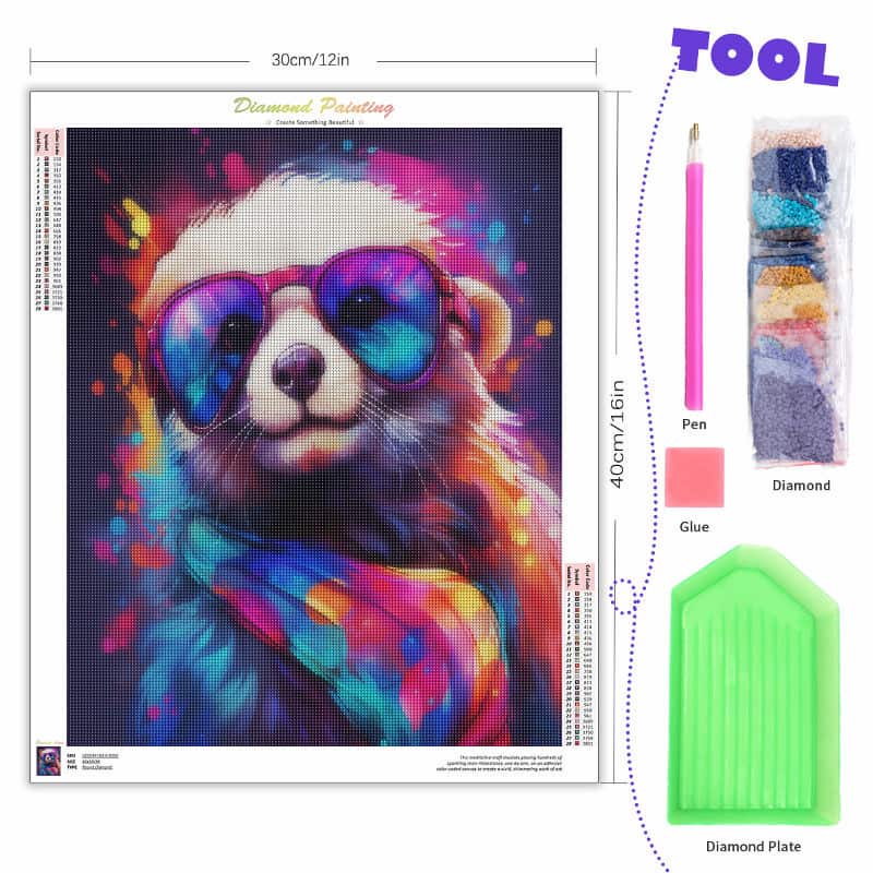 Colorful panda diamond painting kit with tools on a white background