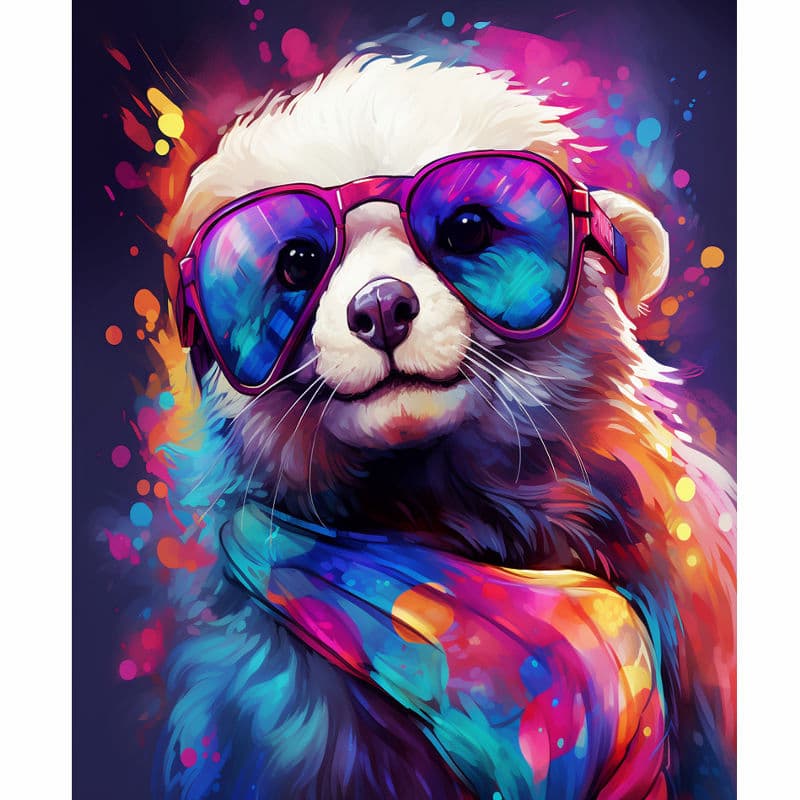 Colorful panda bear illustration wearing sunglasses and a scarf with abstract background