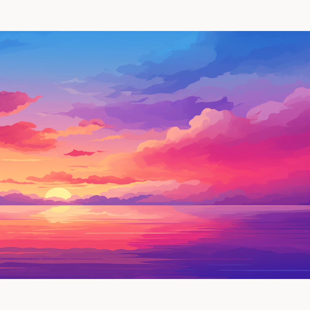Neon Twilight Paint By Numbers artwork featuring a vivid pink-orange sunset over calm ocean waters, with glowing purple clouds reflecting on the surface
