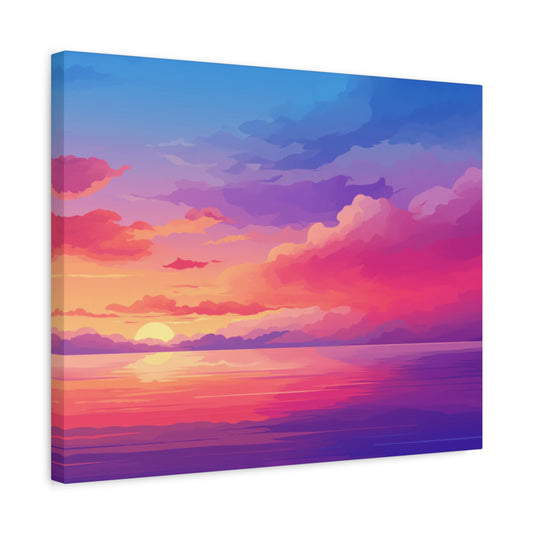 Neon Twilight Paint By Numbers artwork featuring a vivid pink-orange sunset over calm ocean waters, with glowing purple clouds reflecting on the surface in a frame.