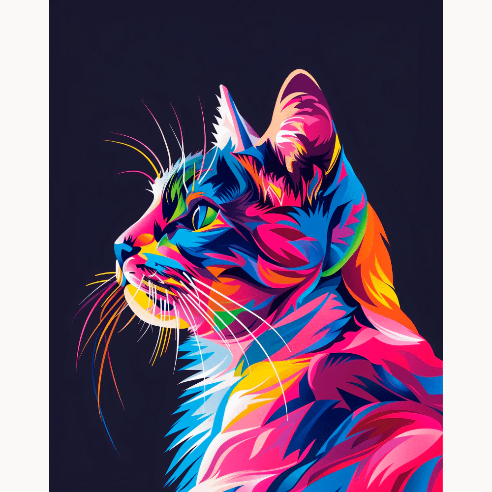 Neon Whiskers Paint By Numbers featuring a colourful, stylized cat in vivid blues, pinks, and oranges with sharp detailing and a bold dark background