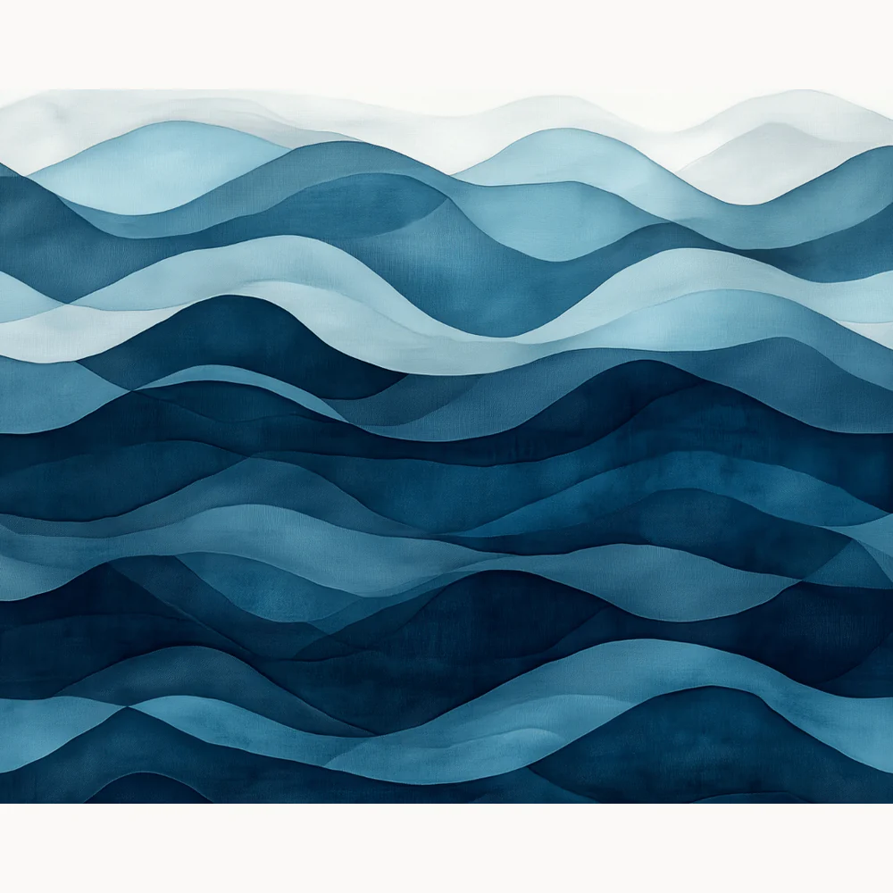 Ocean Layers Paint By Numbers kit showing soft, overlapping abstract blue wave patterns in a tranquil and modern watercolor-inspired design.