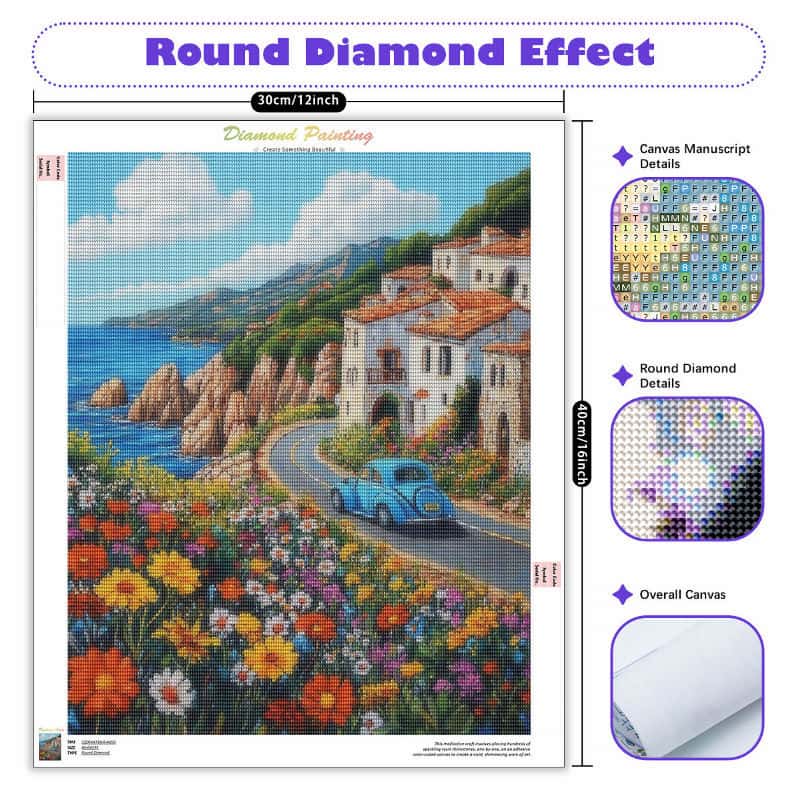 Round diamond painting canvas preview of Ocean Remembers Us featuring Mediterranean coastal village, winding seaside road, vintage blue car, ocean cliffs, wildflowers, and 30x40cm size details with round drill and canvas close-up sections