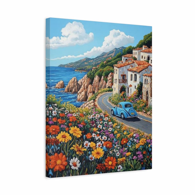 Canvas print of a coastal scene with flowers and a blue car.