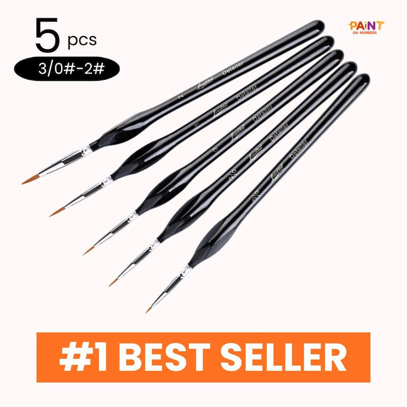 Set of five paint brushes with black handles and silver ferrules on a white background, featuring the brand 'Paint On Numbers'.
