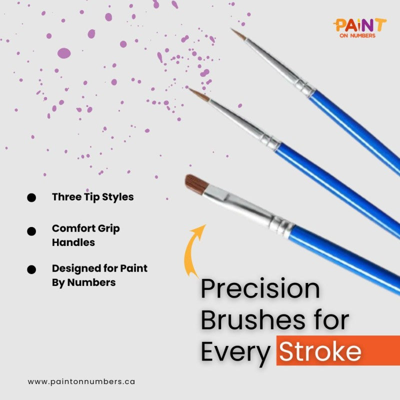 Blue-handled paintbrush set with three different tip styles for paint by numbers kits, shown with descriptive labels and branded as Paint.