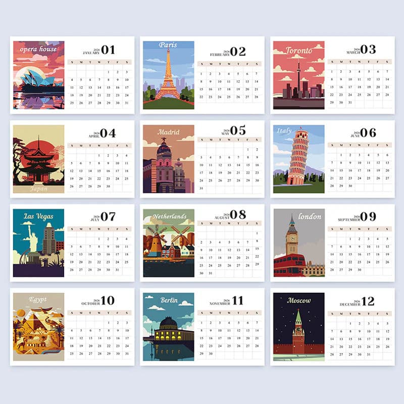 Preview of all twelve paint by numbers calendar pages featuring illustrated world cities, each paired with its corresponding monthly calendar layout.