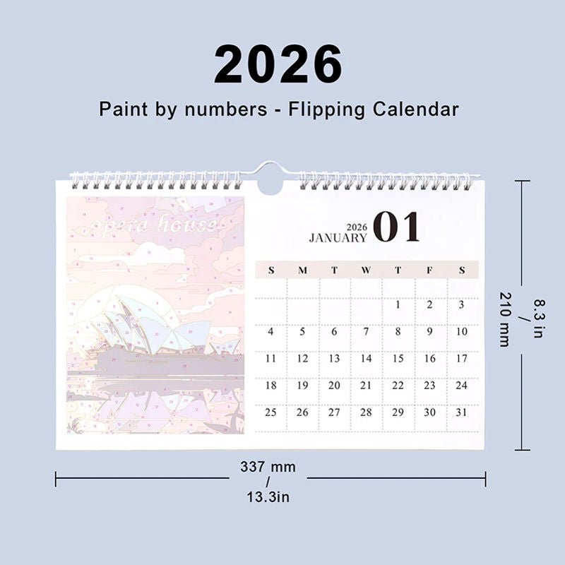 2026 paint by numbers flipping calendar displayed with labeled dimensions, showing the full size, spiral binding, and wall-hanging design.