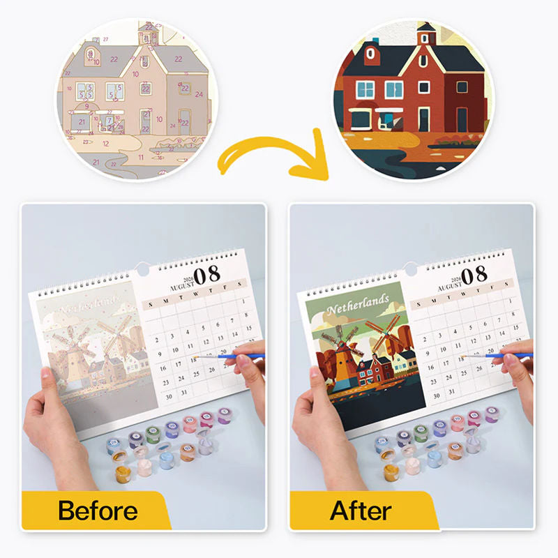 Before and after comparison showing an unpainted and completed paint by numbers calendar page, highlighting the transformation of the illustrated artwork.