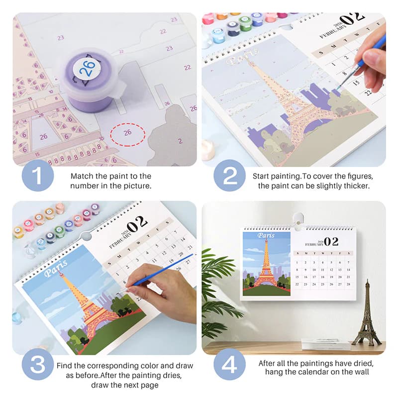 Step-by-step visual guide explaining how to paint the calendar by matching numbers to colors, filling sections, and displaying the finished page on the wall.