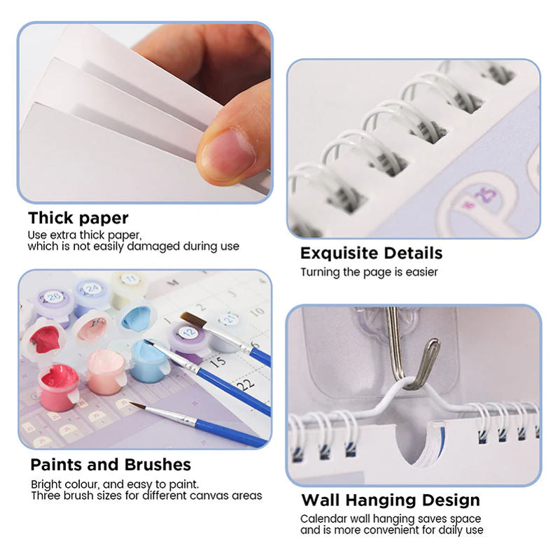 Close-up details of a paint by numbers calendar showing thick paper pages, spiral binding, paint pots, brushes, and the built-in wall hanging hook.