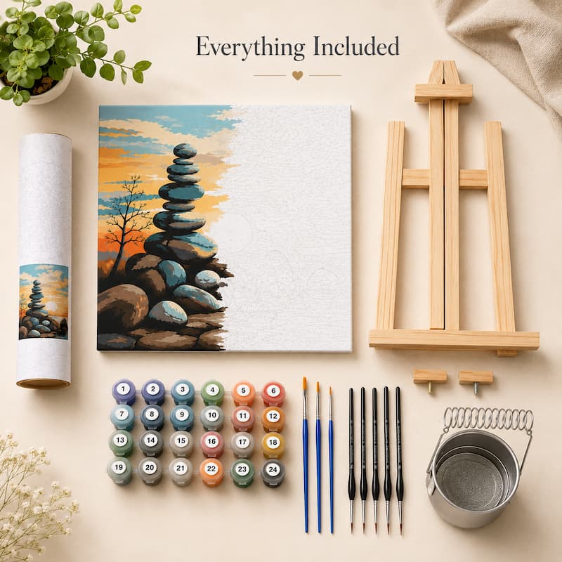 Flat lay display of the Paint By Numbers Deluxe Starter Bundle including framed paint by numbers canvas, wooden easel, 24 acrylic paint pots, standard blue brushes, premium detail brush set, and 2-in-1 brush cleaner holder.